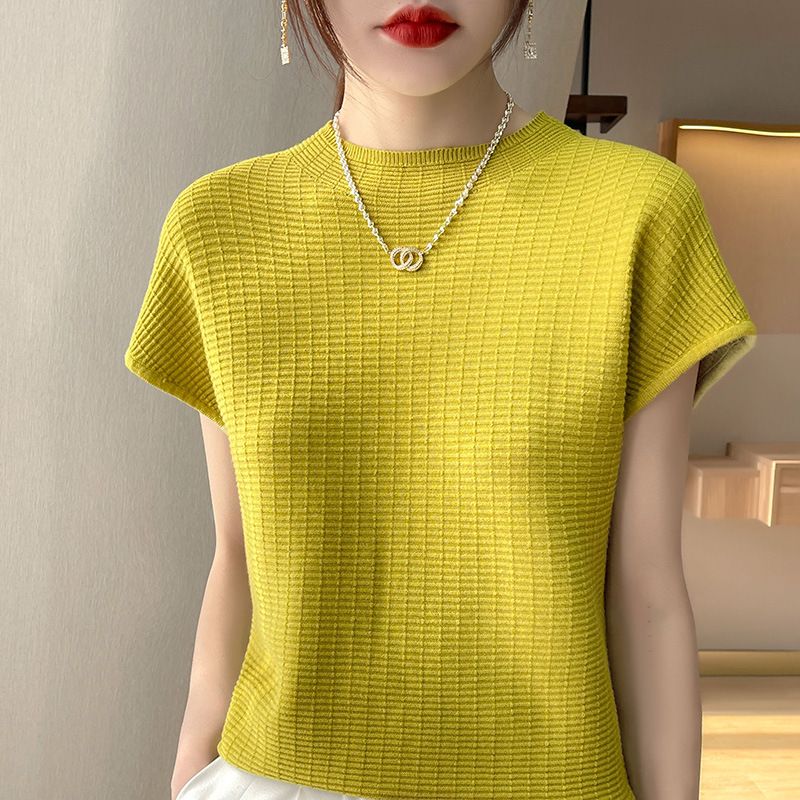 wu Thin Short Sleeve Plaid Knitted Top Pink M Size: M view 6