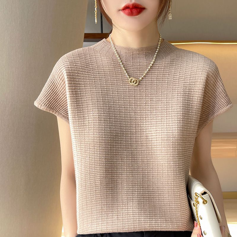 wu Thin Short Sleeve Plaid Knitted Top Shallow camel L Size: L
