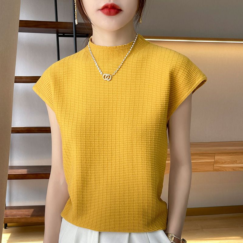 wu Thin Short Sleeve Plaid Knitted Top Turmeric M Size: M