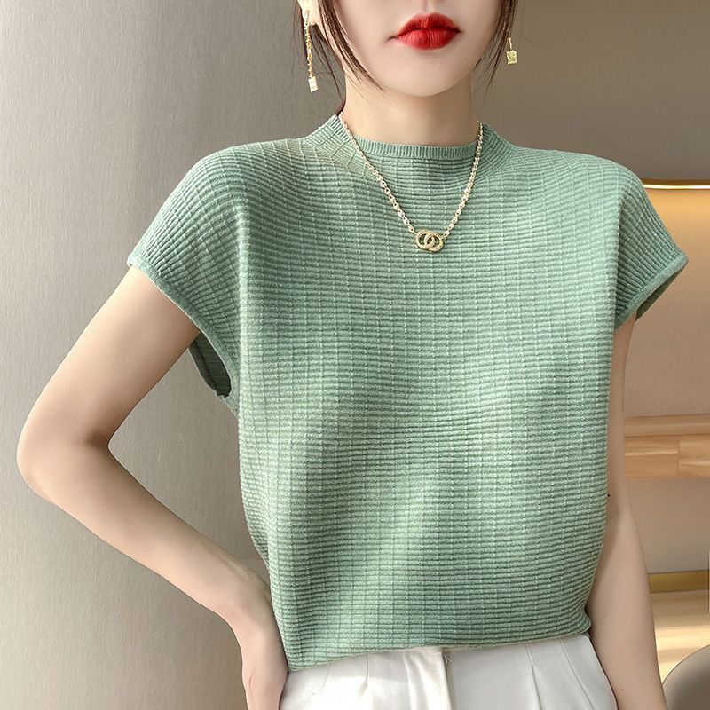 wu Thin Short Sleeve Plaid Knitted Top Bean Green Size: S