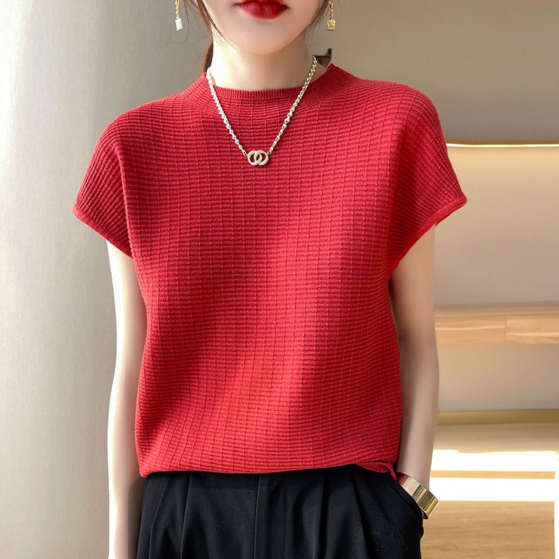 wu Thin Short Sleeve Plaid Knitted Top Red L Size: L