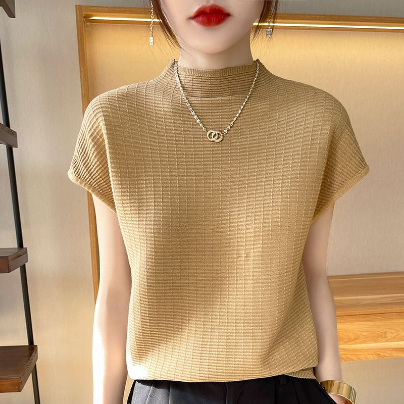 wu Thin Short Sleeve Plaid Knitted Top Yellow Camel XL Size: XL