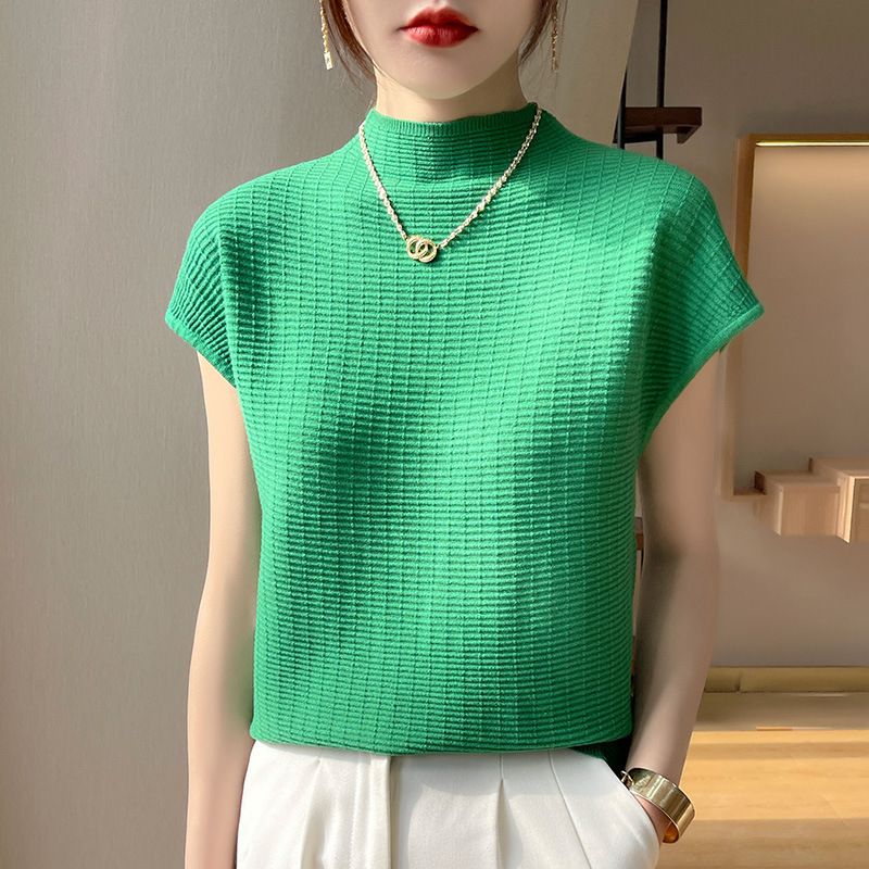 wu Thin Short Sleeve Plaid Knitted Top Emerald green M Size: M