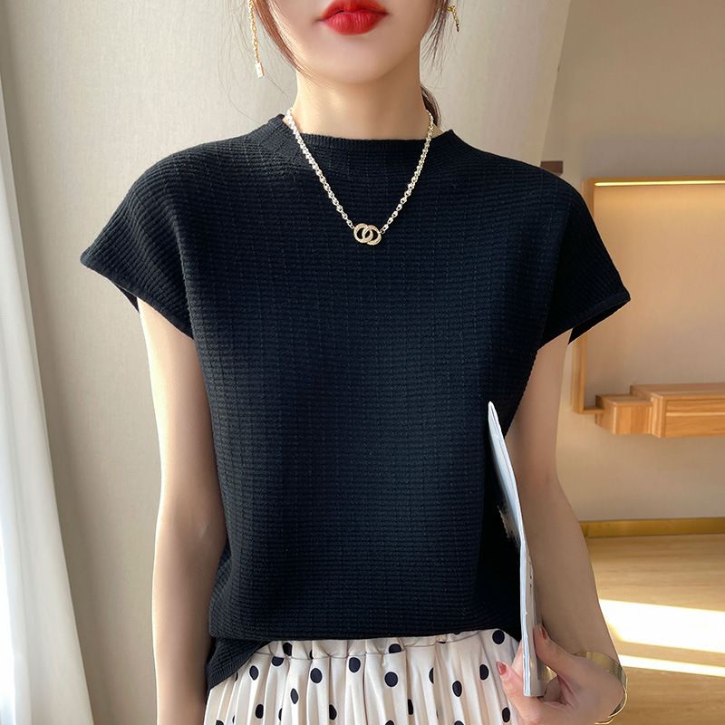 wu Thin Short Sleeve Plaid Knitted Top Black L Size: L