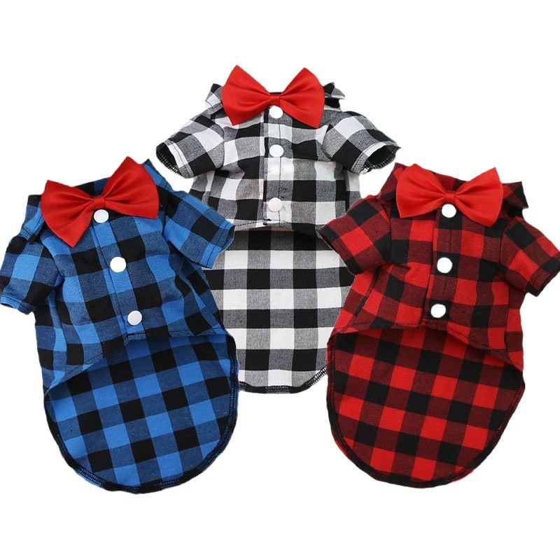 Shine Dog Plaid Shirt Polyester Two-legged Clothes Red and Black Plaid Bow-tie view 2