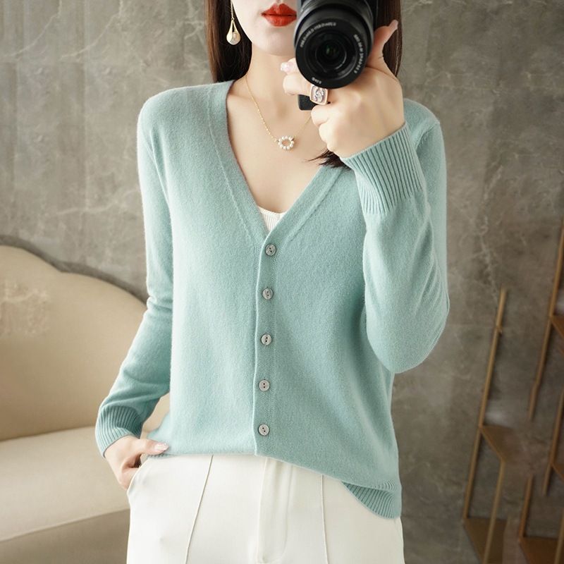 Women V Neck Knitted Cardigan Long Sleeve Sweater mint green Size: S