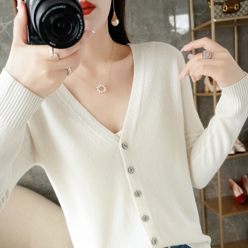 Women V Neck Knitted Cardigan Long Sleeve Sweater mint green M Size: M view 5