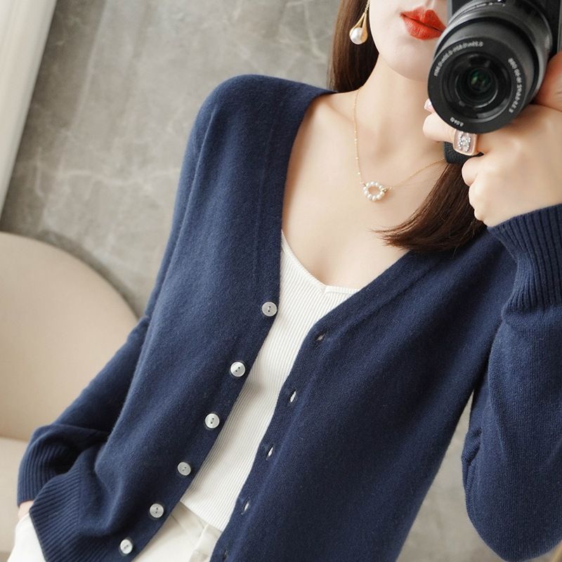 Women V Neck Knitted Cardigan Long Sleeve Sweater navy blue M Size: M