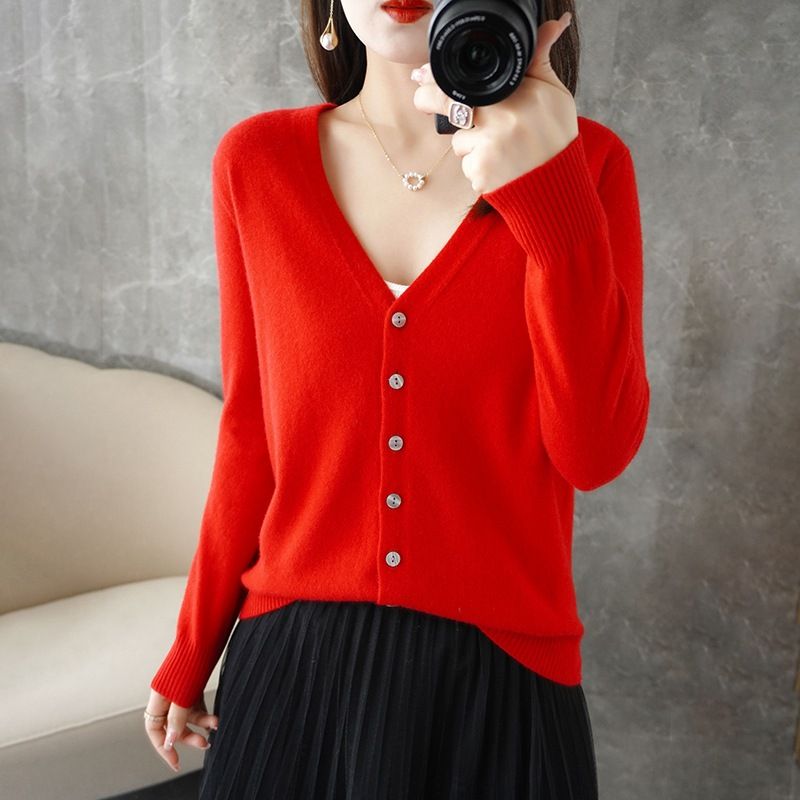 Women V Neck Knitted Cardigan Long Sleeve Sweater big red Size: L