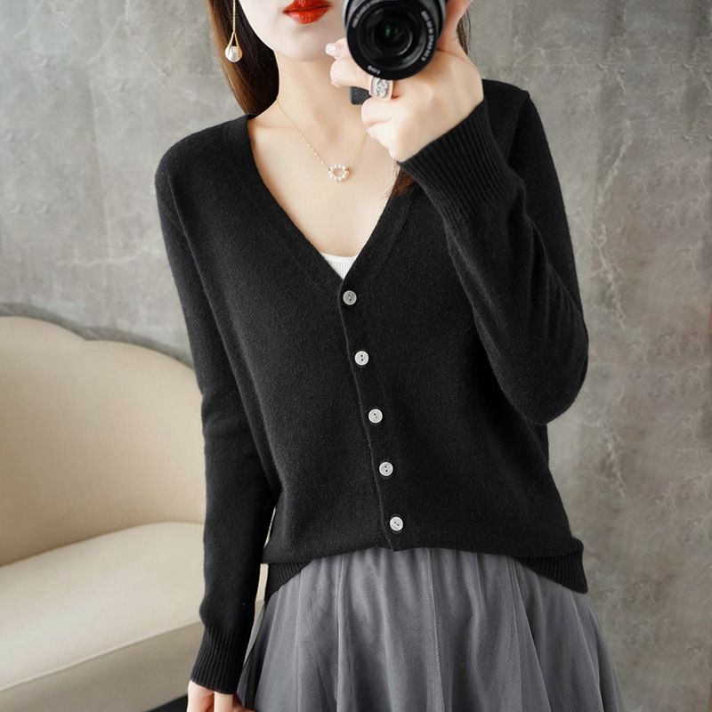 Women V Neck Knitted Cardigan Long Sleeve Sweater Black XL Size: XL