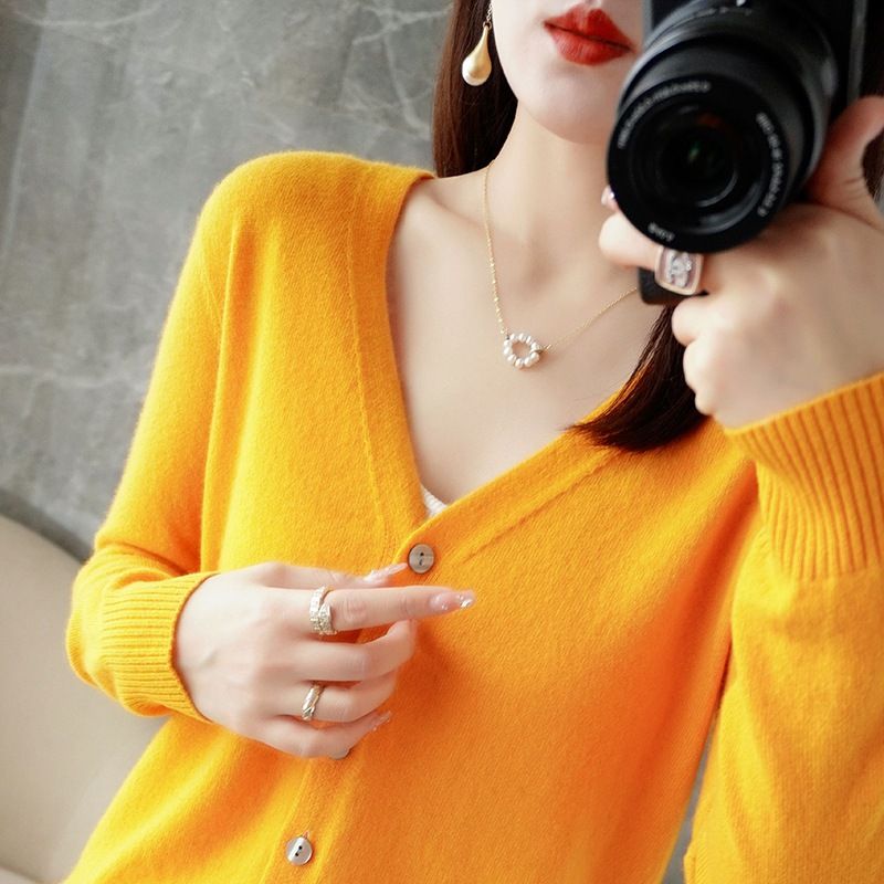 Women V Neck Knitted Cardigan Long Sleeve Sweater Yellow XXL Size: XXL