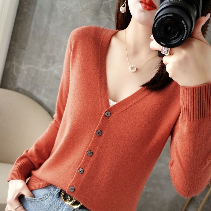Women V Neck Knitted Cardigan Long Sleeve Sweater Caramel M Size: M
