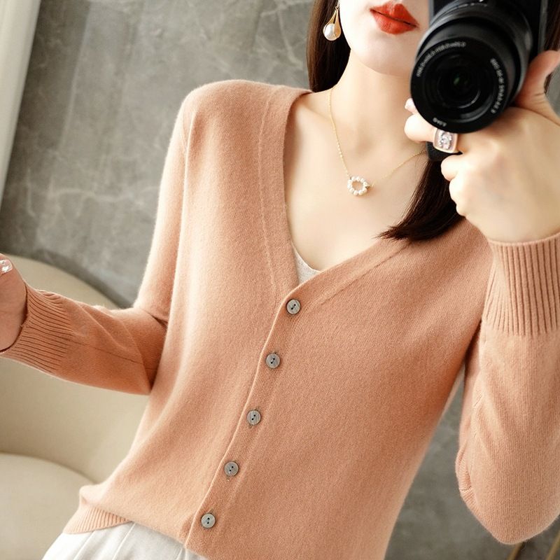 Women V Neck Knitted Cardigan Long Sleeve Sweater Golden Camel M Size: M
