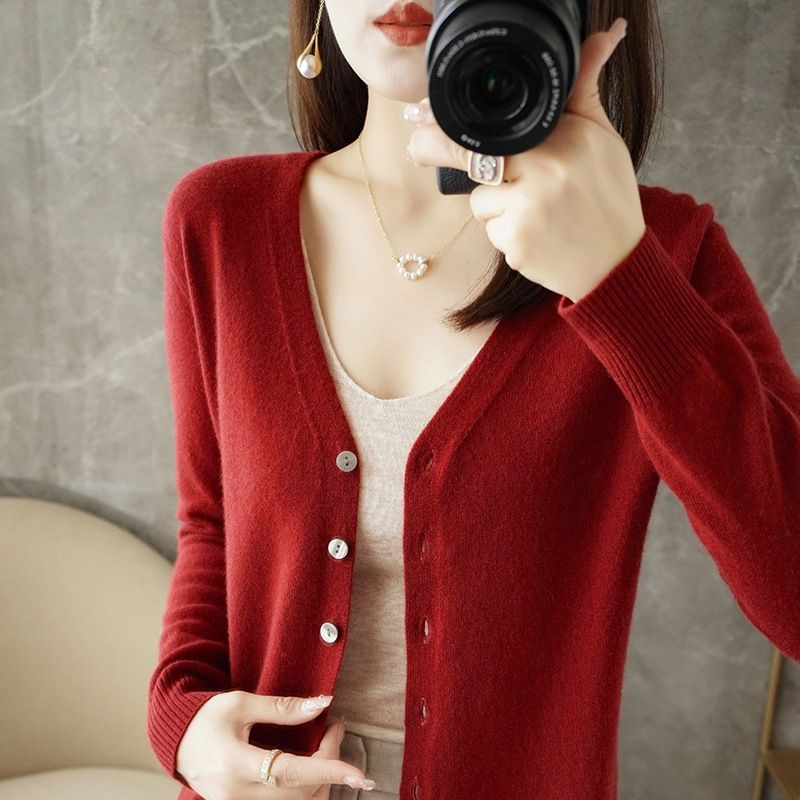 Women V Neck Knitted Cardigan Long Sleeve Sweater Wine red Size: S