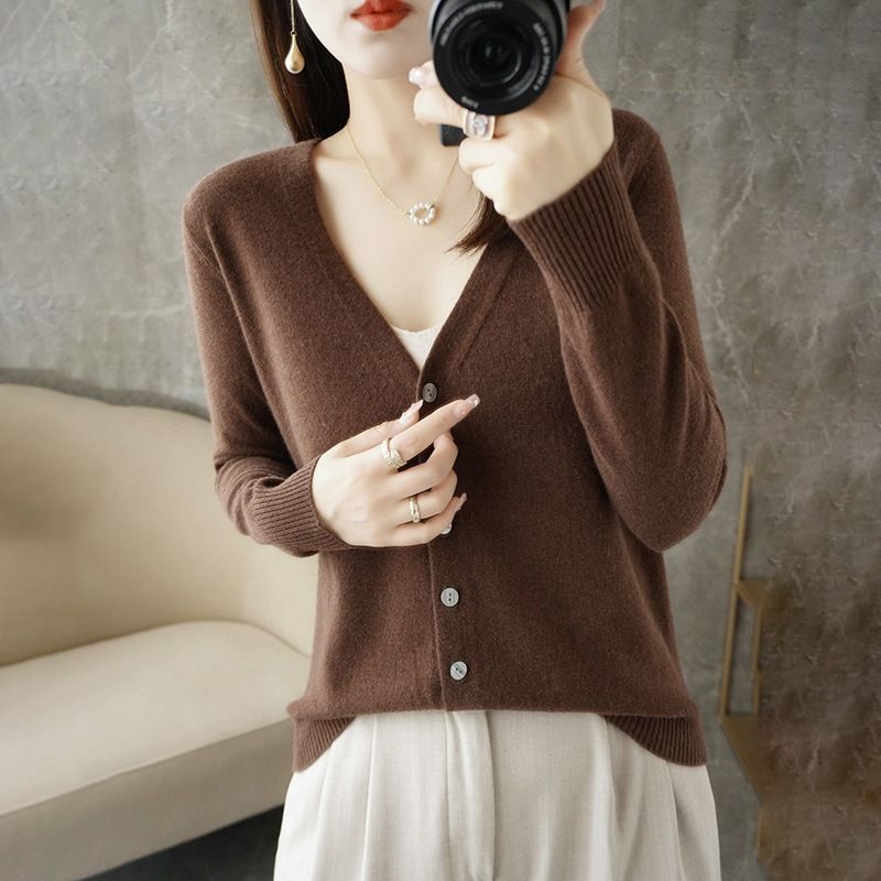 Women V Neck Knitted Cardigan Long Sleeve Sweater Coffee Size: L