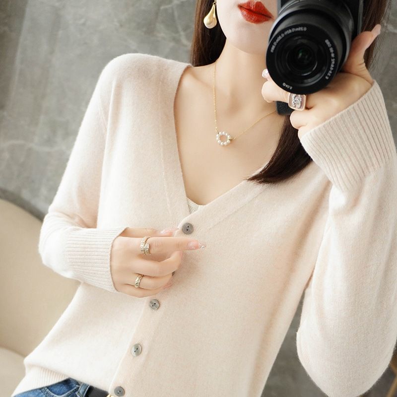 Women V Neck Knitted Cardigan Long Sleeve Sweater Beige M Size: M