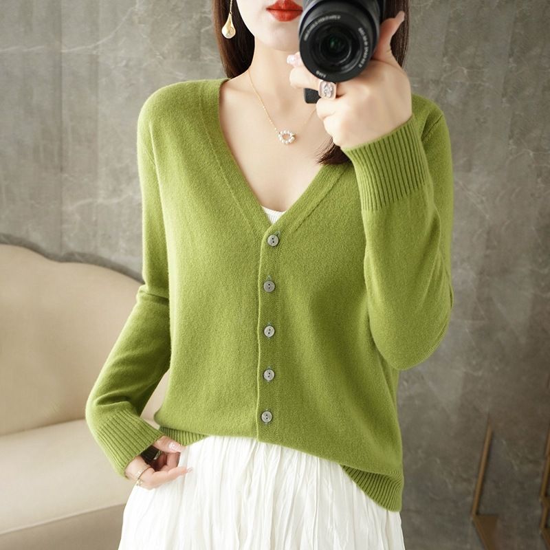 Women V Neck Knitted Cardigan Long Sleeve Sweater Avocado green Size: L