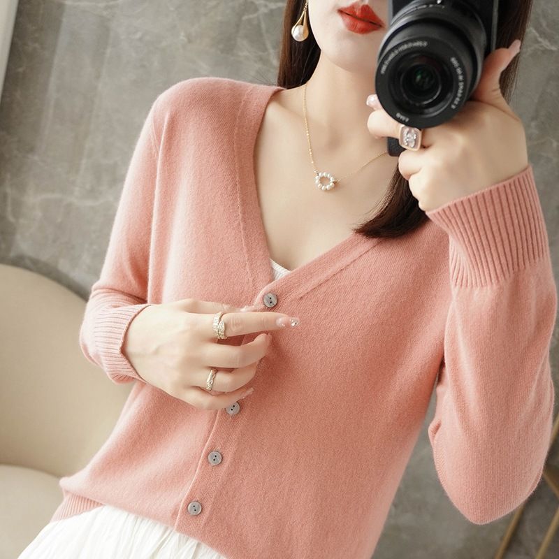 Women V Neck Knitted Cardigan Long Sleeve Sweater leather pink XXL Size: XXL