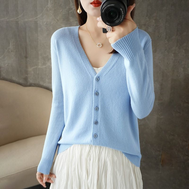 Women V Neck Knitted Cardigan Long Sleeve Sweater sky blue XL Size: XL