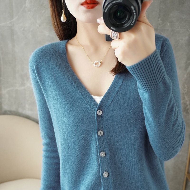 Women V Neck Knitted Cardigan Long Sleeve Sweater haze blue XL Size: XL