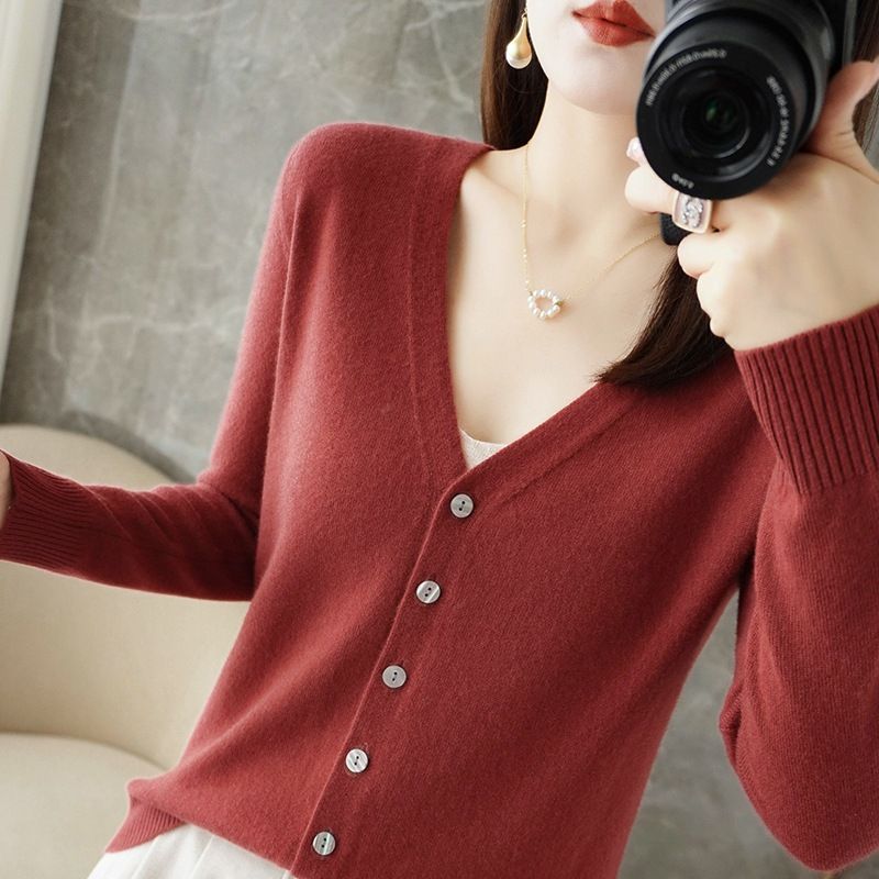 Women V Neck Knitted Cardigan Long Sleeve Sweater rust red Size: S