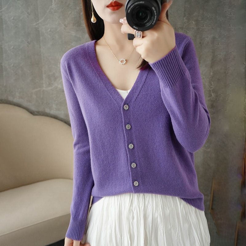 Women V Neck Knitted Cardigan Long Sleeve Sweater Purple M Size: M