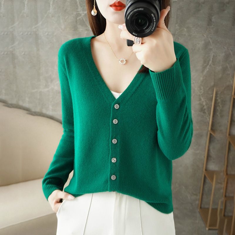 Women V Neck Knitted Cardigan Long Sleeve Sweater Emerald Size: L
