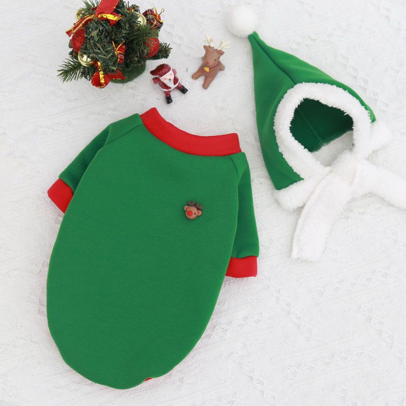 Christmas Pet Clothes Dog Cat Winter Cotton Two-Piece Set (green hat + green — image 1