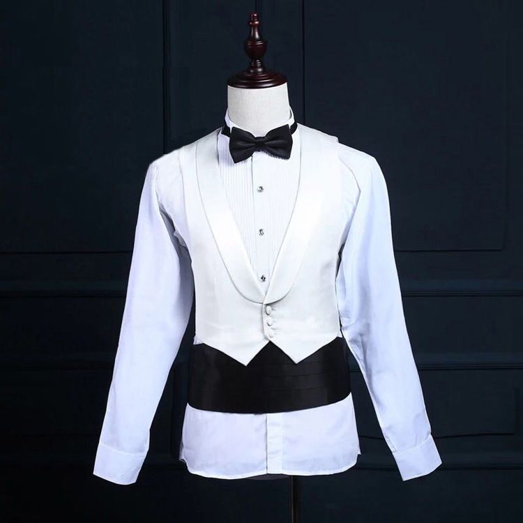 Mute Sauce Men Waistcoat Bow Tie Pocket Square Set Waist seal silver only 80-100cm view 3