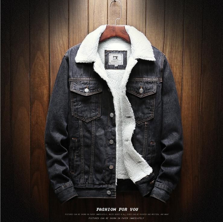 Men Fleece Lined Denim Jacket Korean Style Thick... Retro Black Size: M