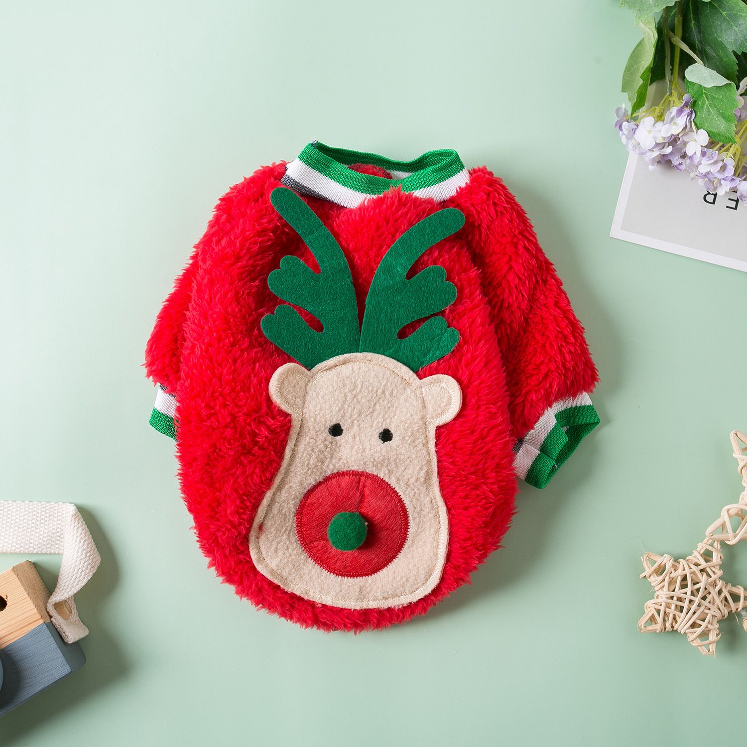 Pet Dog Christmas Deer Antler Fleece Vest Odd Pet Fawn smashes green XS view 3