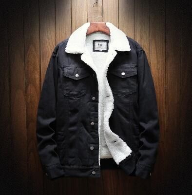 Men Fleece Lined Denim Jacket Korean Style Thick... Pure black 3XL Size: 3XL
