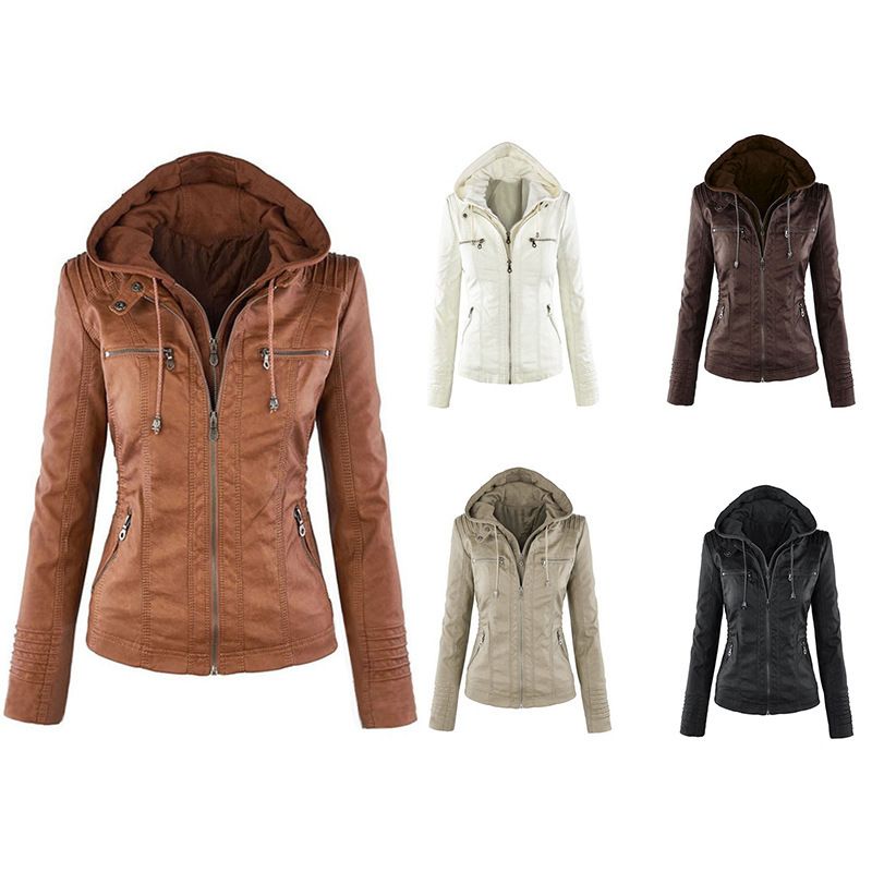 Women PU Leather Jacket Solid Zipper Hooded Streetwear Black 3XL view 3
