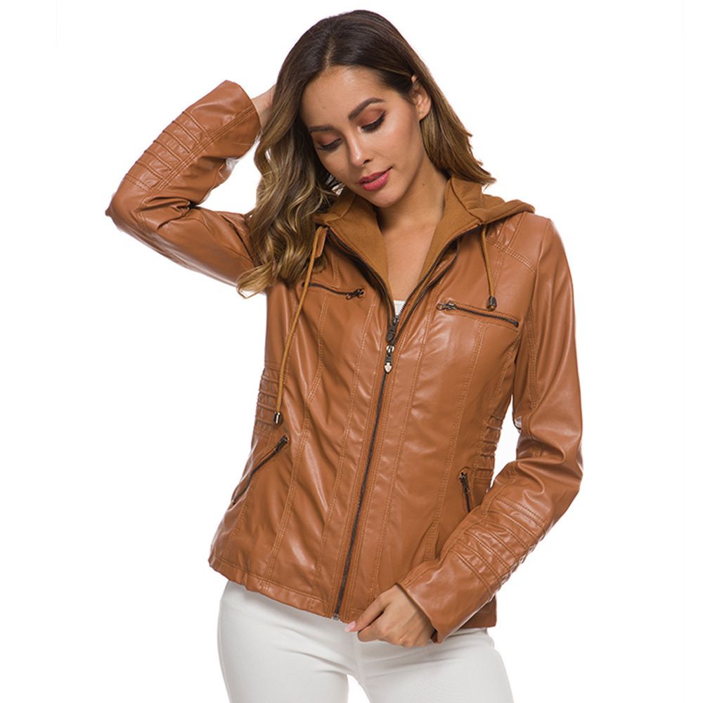 Women PU Leather Jacket Solid Zipper Hooded Streetwear Brown XL Size: XL view 4