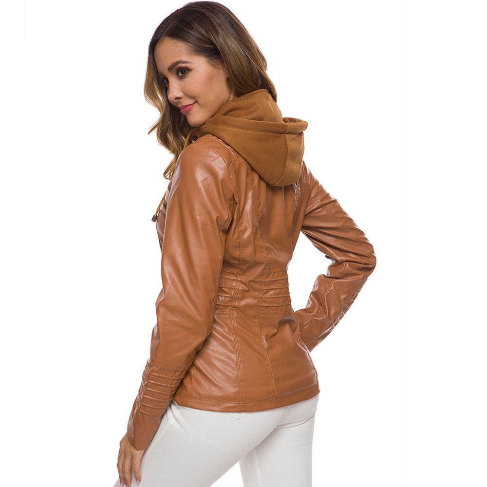 Women PU Leather Jacket Solid Zipper Hooded Streetwear Brown XL Size: XL view 5
