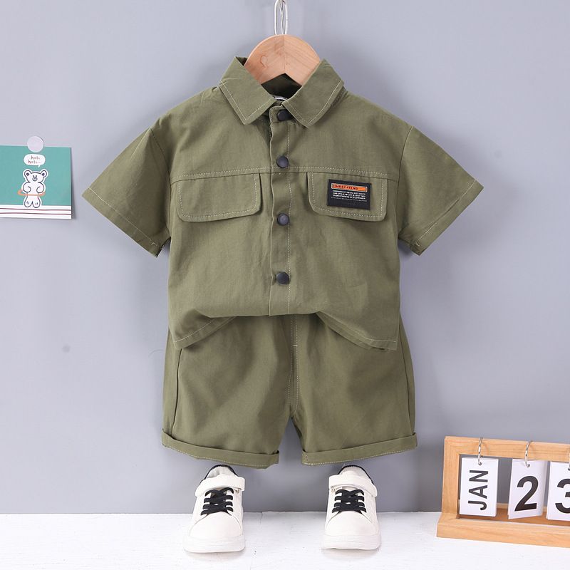 Cute Tail Bear Boys Summer Short Sleeve Shirt Pants Set Green 100cm