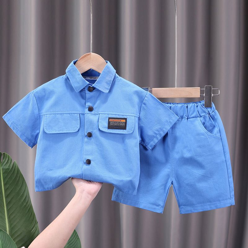 Cute Tail Bear Boys Summer Short Sleeve Shirt Pants Set Green 110cm view 4