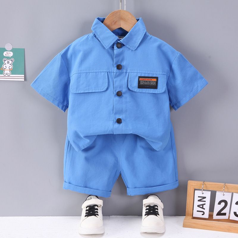Cute Tail Bear Boys Summer Short Sleeve Shirt Pants Set Blue 80cm
