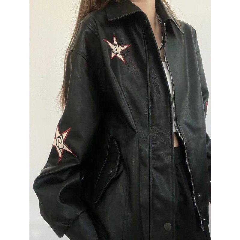 Women PU Leather Jacket Black Polo Collar Zipper M 95 to 110kg view 2