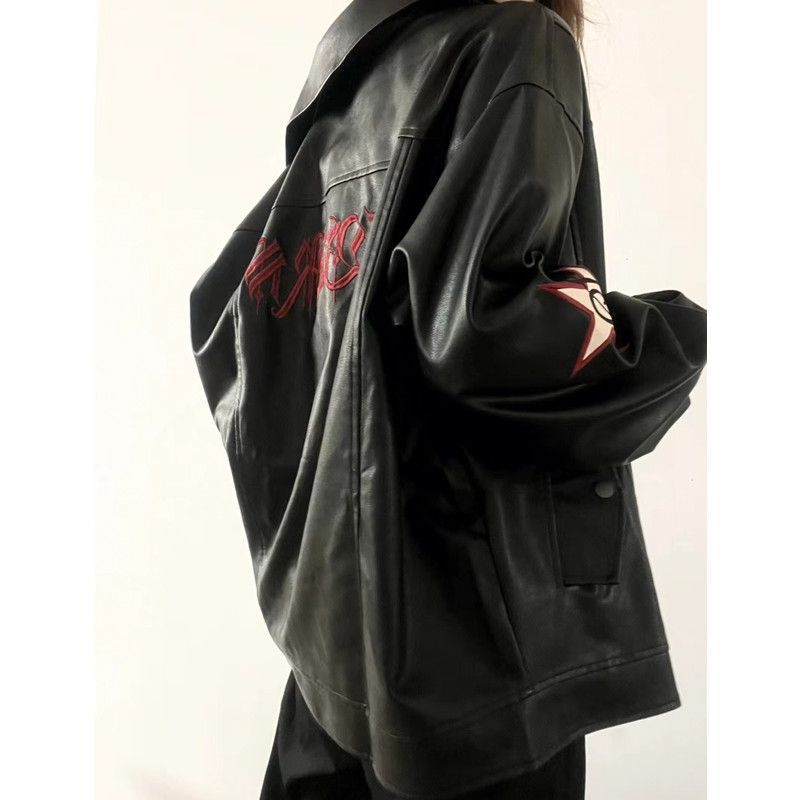 Women PU Leather Jacket Black Polo Collar Zipper M 95 to 110kg view 5