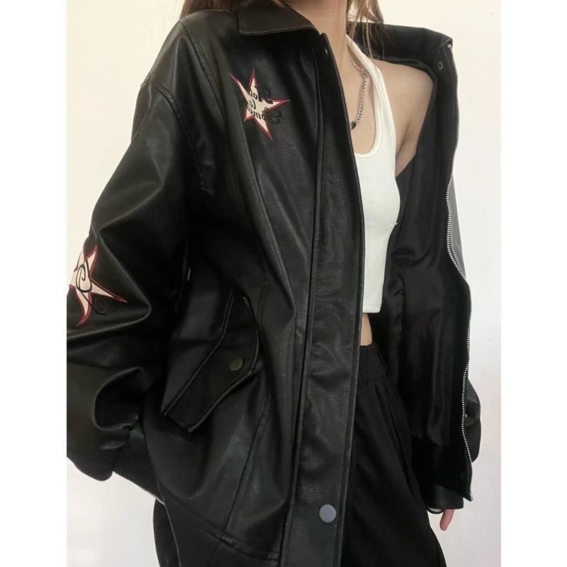 Women PU Leather Jacket Black Polo Collar Zipper L 110 to 125kg