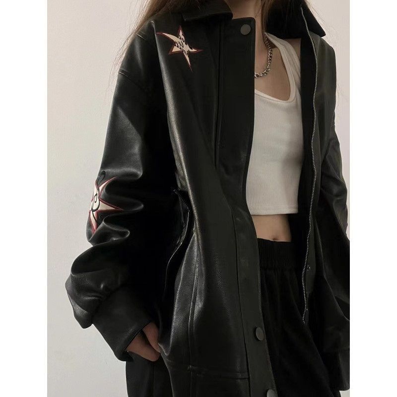 Women PU Leather Jacket Black Polo Collar Zipper L 110 to 125kg view 4