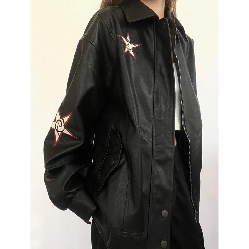 Women PU Leather Jacket Black Polo Collar Zipper XL 125 to 145kg view 3