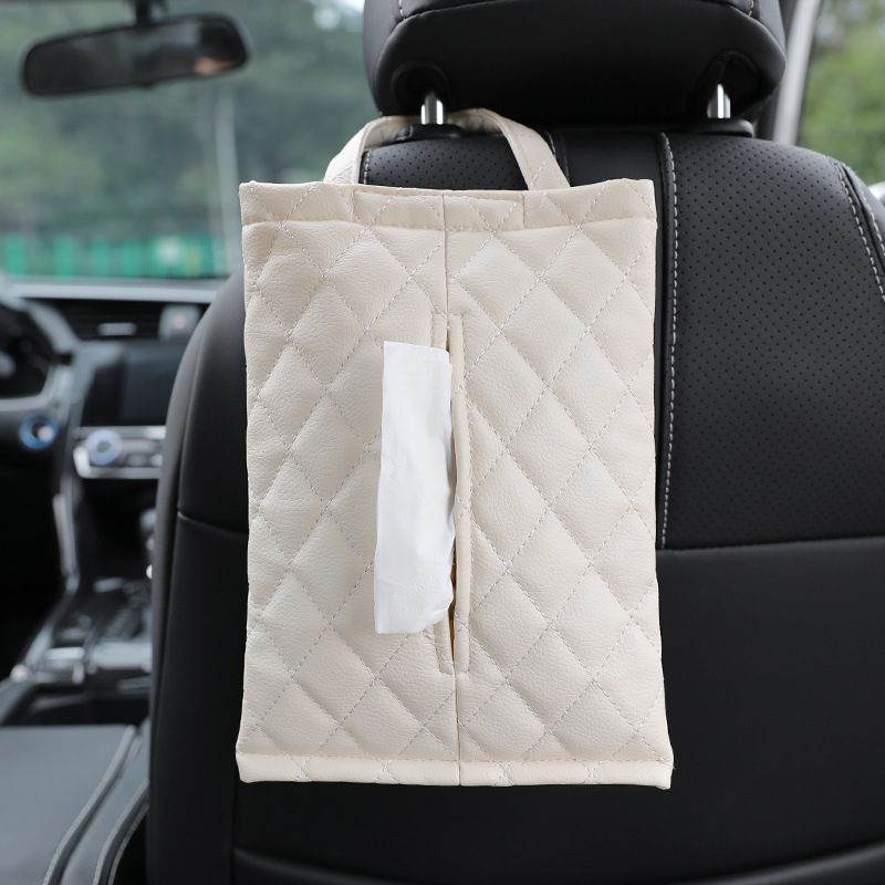 Car Tissue Holder Leather Hanging Beige White — image 1