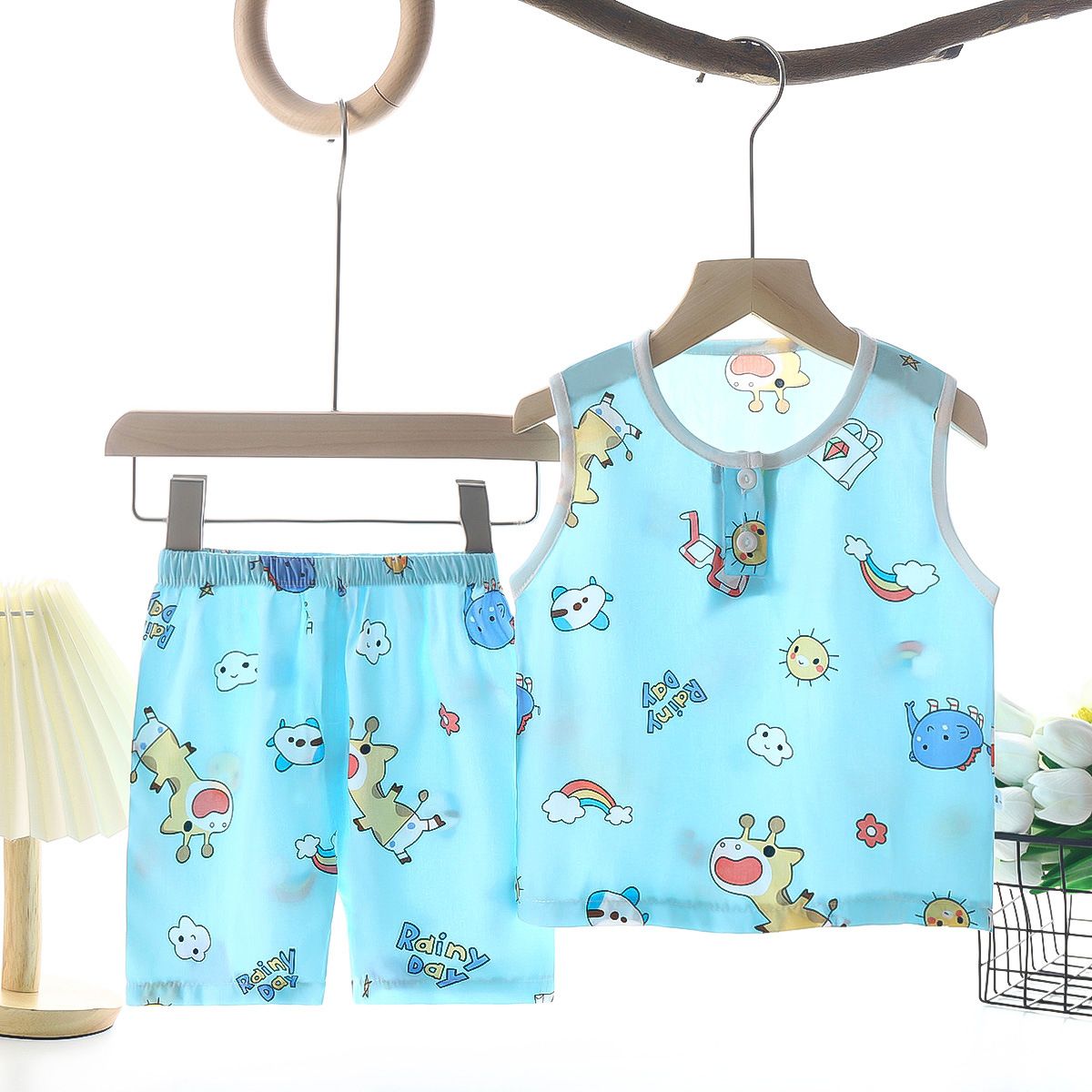 Tong Xinyuan Kids Cotton Silk Vest Set Shorts Light Blue (Fawn) Silk Vest Set