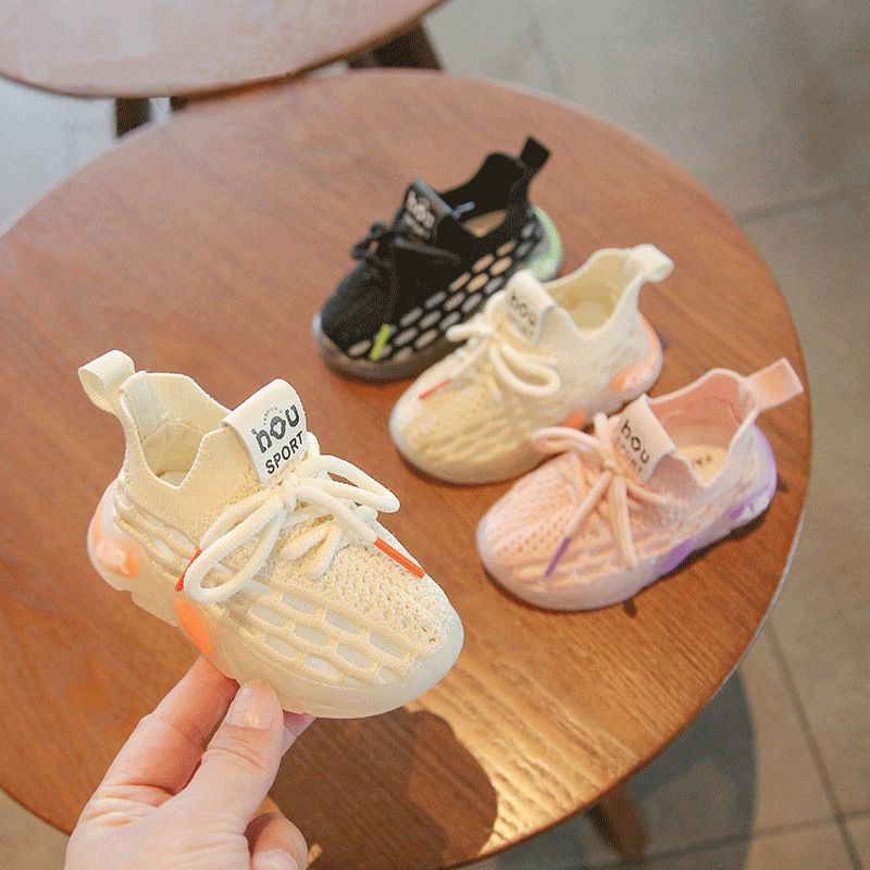 Baby Toddler Sneakers Mesh Knitted Soft Sole Beige White 27 yards within the view 2