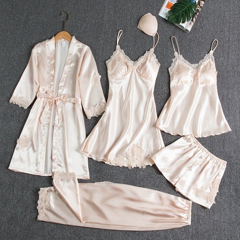 Women Five Piece Sleepwear Set Polyester V Neck Champagne M