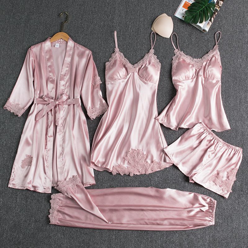 Women Five Piece Sleepwear Set Polyester V Neck Pink