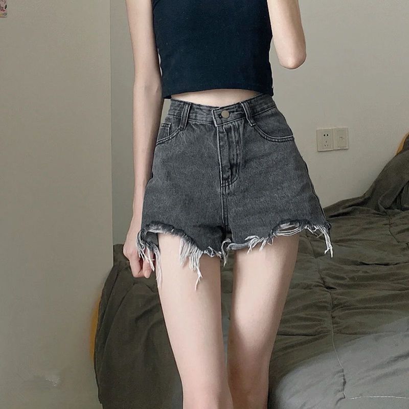 Women High Waist Denim Shorts Summer Cotton Black Gray 3XL view 3