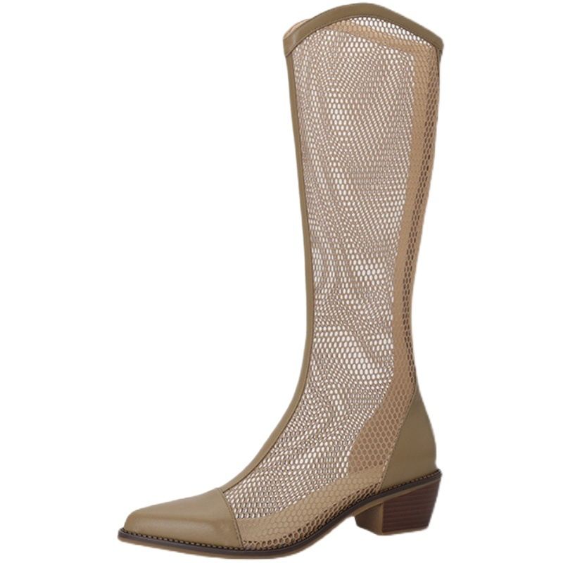 Women Mesh Long Boots Chunky Heel Hollow Black 35 view 2
